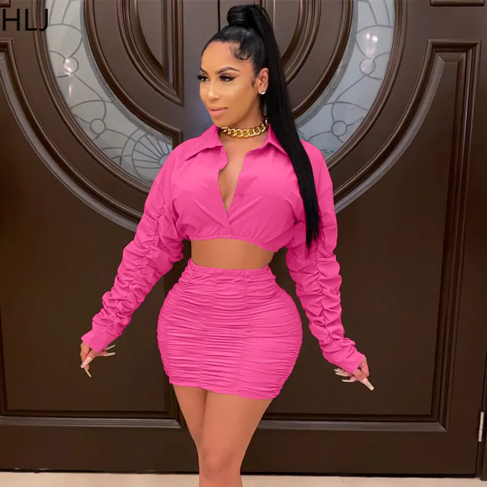 

HLJ Fashion Street Style Women Turndown Collar Long Sleeve Crop Top+Mini Stacked Skirts Two Piece Sets Casual Solid 2pcs Outfits