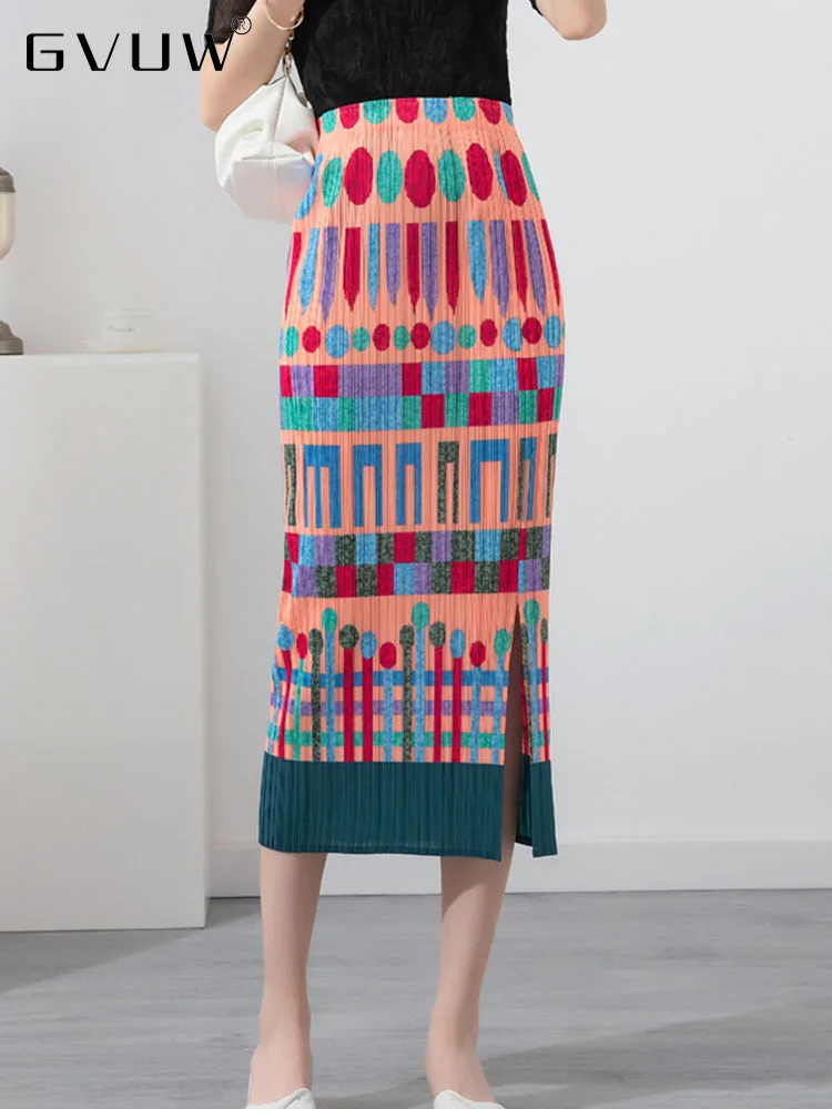 

GVUW Pleated Geometric Print Long Skirts Women Split Hip Wrap Slim Fit High Elastic Waist 2023 Spring New Female Clothing 17D763