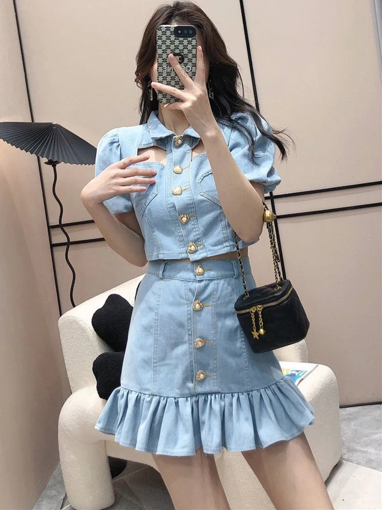 

Korean Sweet Two Piece Set For Women Short Jacket Coat + High Waist Pleated Mini Skirt Suits Preppy Style Summer 2 Piece Outfits