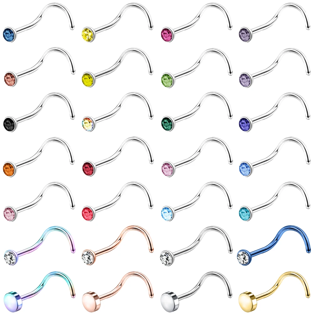 

ZS 20G 6PCS Colorful Nose Studs CZ Crystal Nostril Piercings Stainless Steel Nose Stud Hooks Shiny Gem Body Jewelry I/L/S Shape