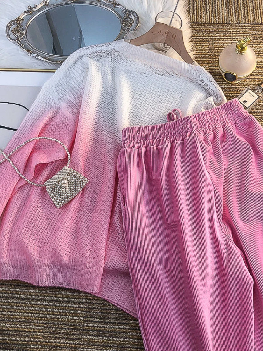 Streetwear Rhinestone Contrast Color Knitted Sweater Top Wide Leg Pants Suit Women 2022 New Autumn Sports Casual Two-Piece Set