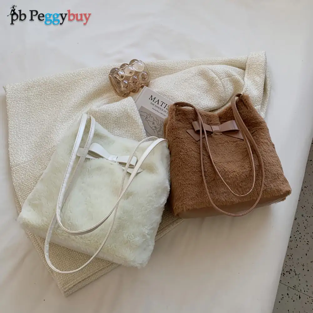 

Women PU Plush Fur Shoulder Bag with Bow Lady Autumn Winter Small Top-handle Handbag Tote Plush Bags For Women bolso mujer