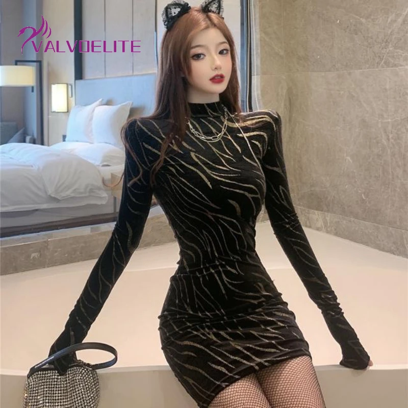 

2022 Autumn and Winter New Woman Fashion Semi-high Collar Slim Slim Bottoming Dress Nightclub Sexy Tight-fitting Hip Miniskirt