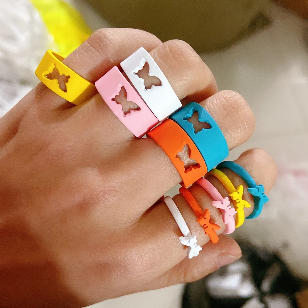 

INS Fashion Hollow Butterlfly Open Rings For Women Girls Candy Color Trendy Jewelry Punk Jewelry Accessories
