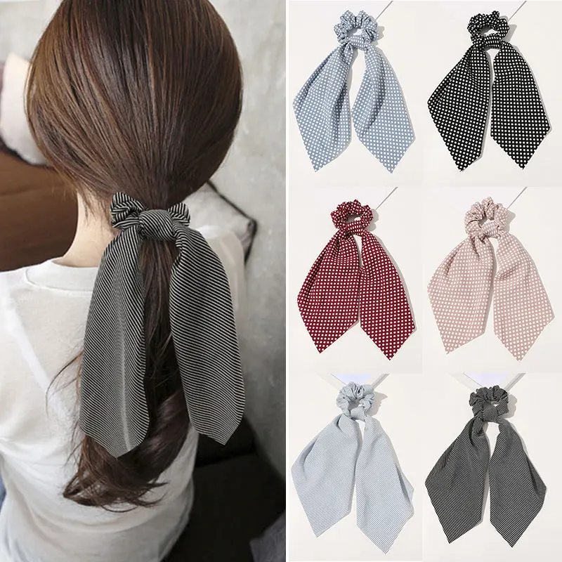 

Fashion Dot Print Scrunchies Sweet Bowknot Long Ribbon Ponytail Holder Scarf Striped Pattern Elastic Hair Bands Hair Accessories