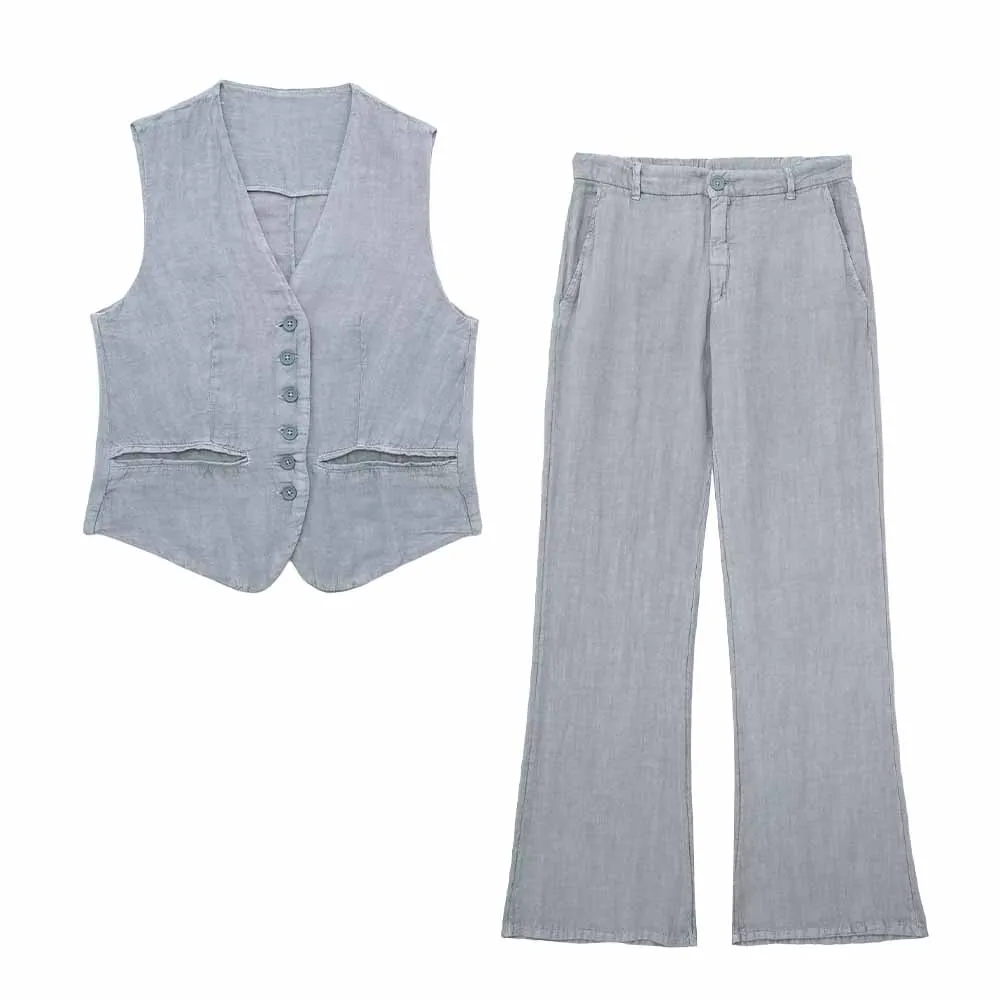 

TRAF WOMEN 2023 Summer Chic New Lace-up Linen Vest Casual Retro Top 4877082 + Female High Waist Fashion Trousers Set 4877081