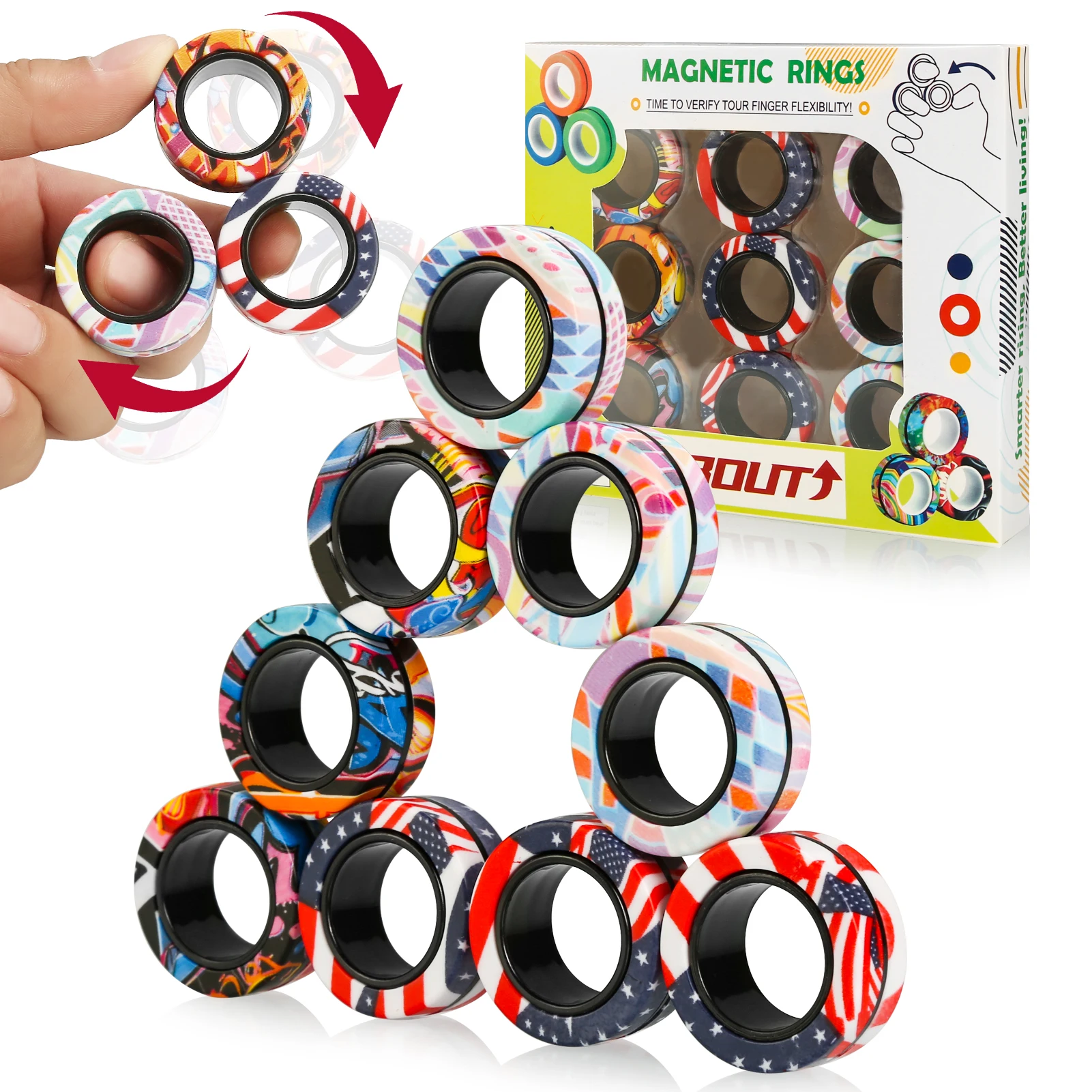 

9Pcs camo Fingers Magnet Rings Magnetic Ring Fidget Spinner Toys Set for ADHD Stress Relief Magical Toys for Adults Teens Kids