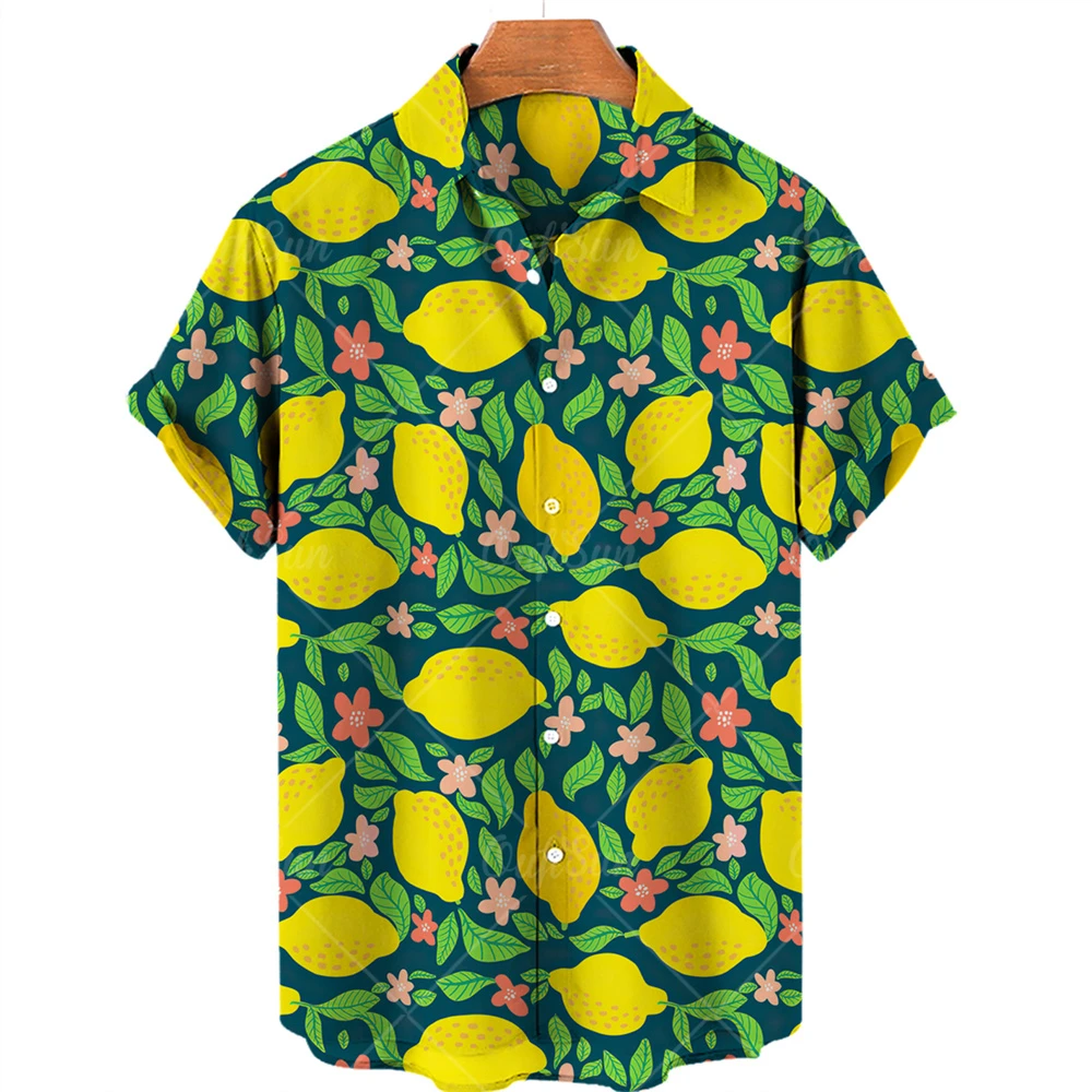 

Casual Shirts Men Women V-Neck Single Button Short Casual Hawaiian Shirts Fruit Lemon Floral Print Summer Beach Vacation