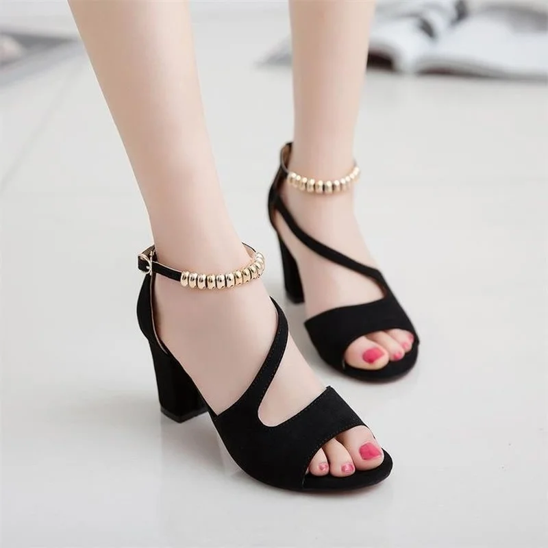

Women's Simple Sandals Summer Fashion High Heels Solid Color Thick Heel Sandals Female Large Size 42 Sandals Women Shoes