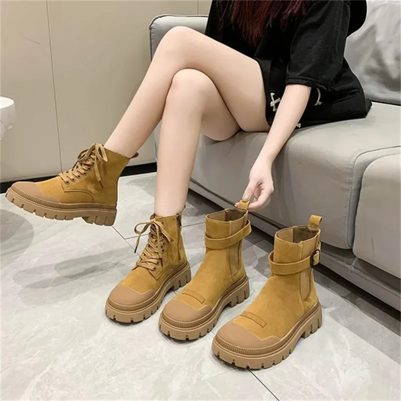 British Style Women's Shoes Vintage Women's Chelsea Boots Split Leather Mid-Calf Boots Thick Heels Round Toe Slip-on