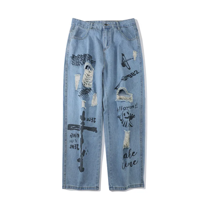 

2021 Preppy Style Graffiti Cross Print Hole Baggy Straight Men Denim Pants Korean Casual Oversize Women Wide Leg Jeans Trousers