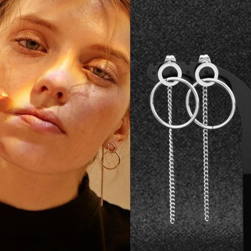 

Punk Jewelry Round Bar Tassel Stud Earrings Stainless Steel Urban Rap Grunge New Earrings Korean Boys Girls Gifts Wholesale