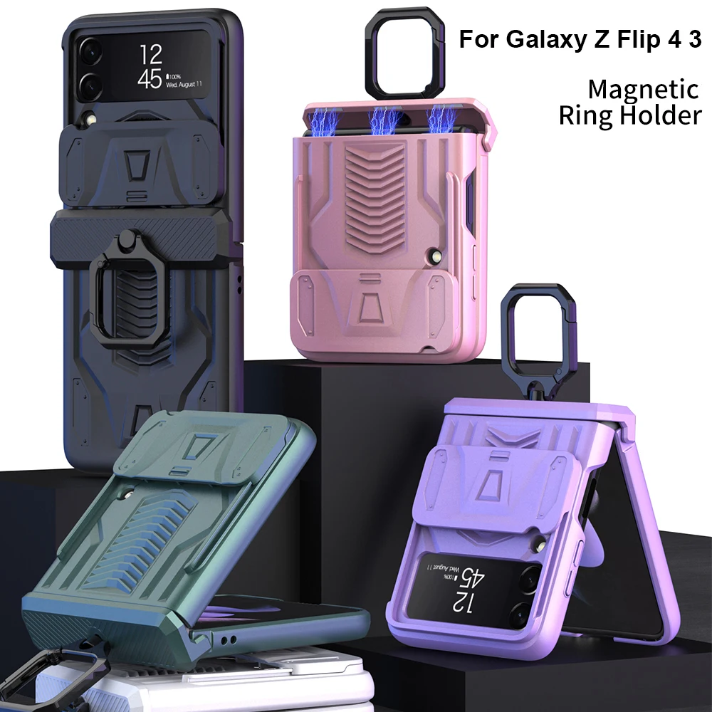 With Push Window Camera Protector Case For Samsung Galaxy Z Flip 4 Magnetic Case Z Flip 3 5G Shockproof Phone Cover Key Ring