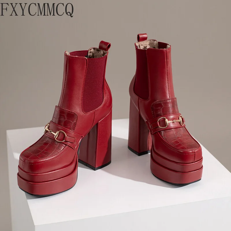 FXYCMMCQ 2022 Autumn and Winter Trendy Square Toe High-heeled Short Boots Temperament All-match Women's Boots 33-67