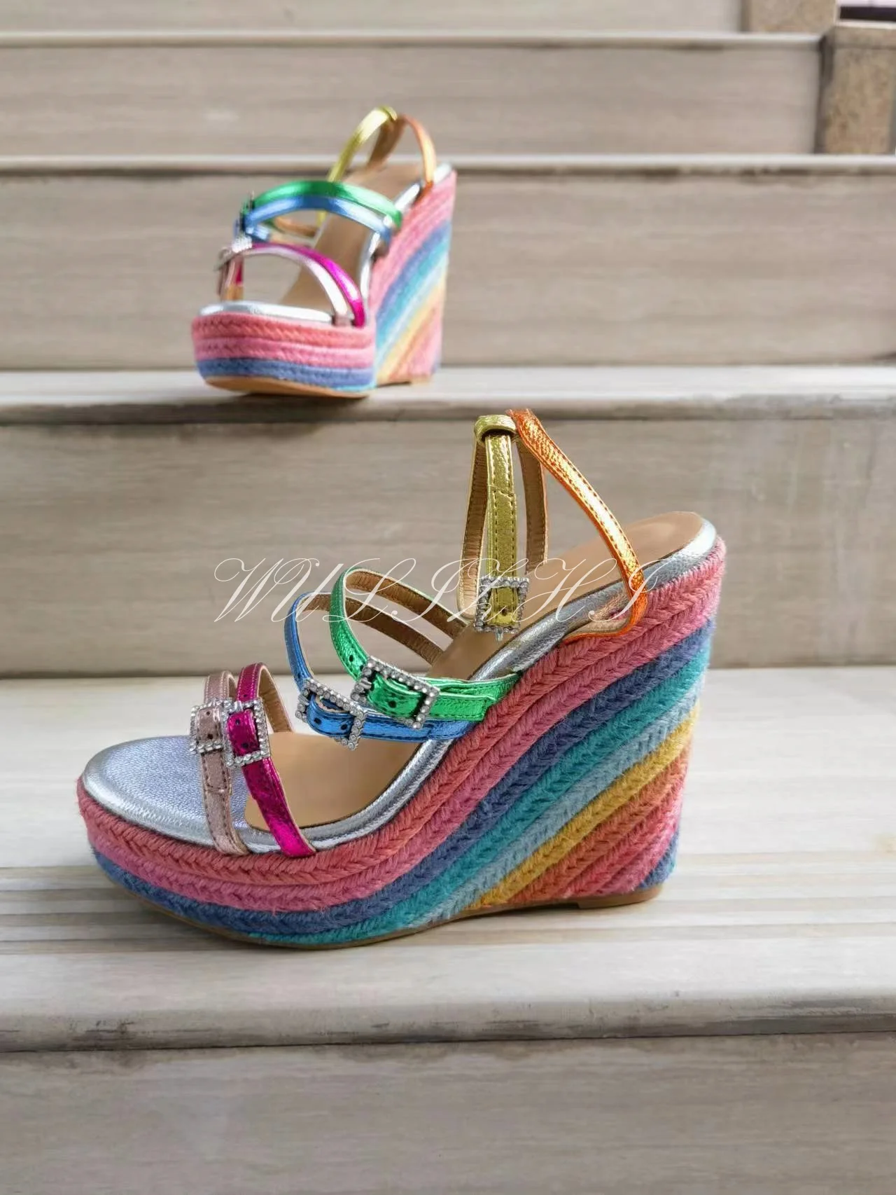 Colorful Espadarille Striped Open Wedge Platform Leather Strap Crystal Buckle Sandals Women Sexy Bling Hollow Slingback Shoes