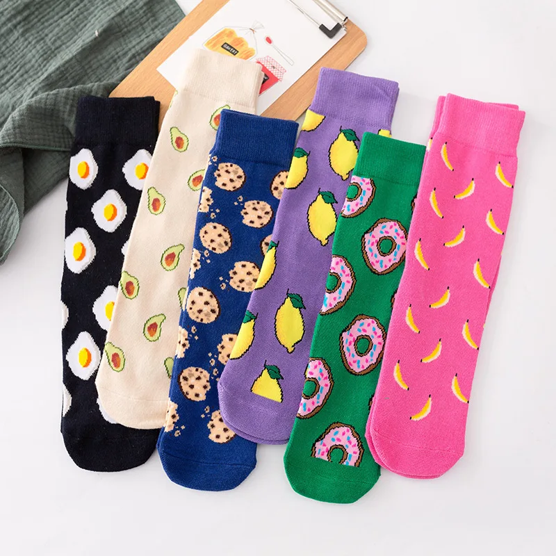 

Women Socks Funny Cute Cartoon Fruits Banana Avocado Lemon Egg Cookie Donuts Food Happy Japanese Harajuku skateboard Socks