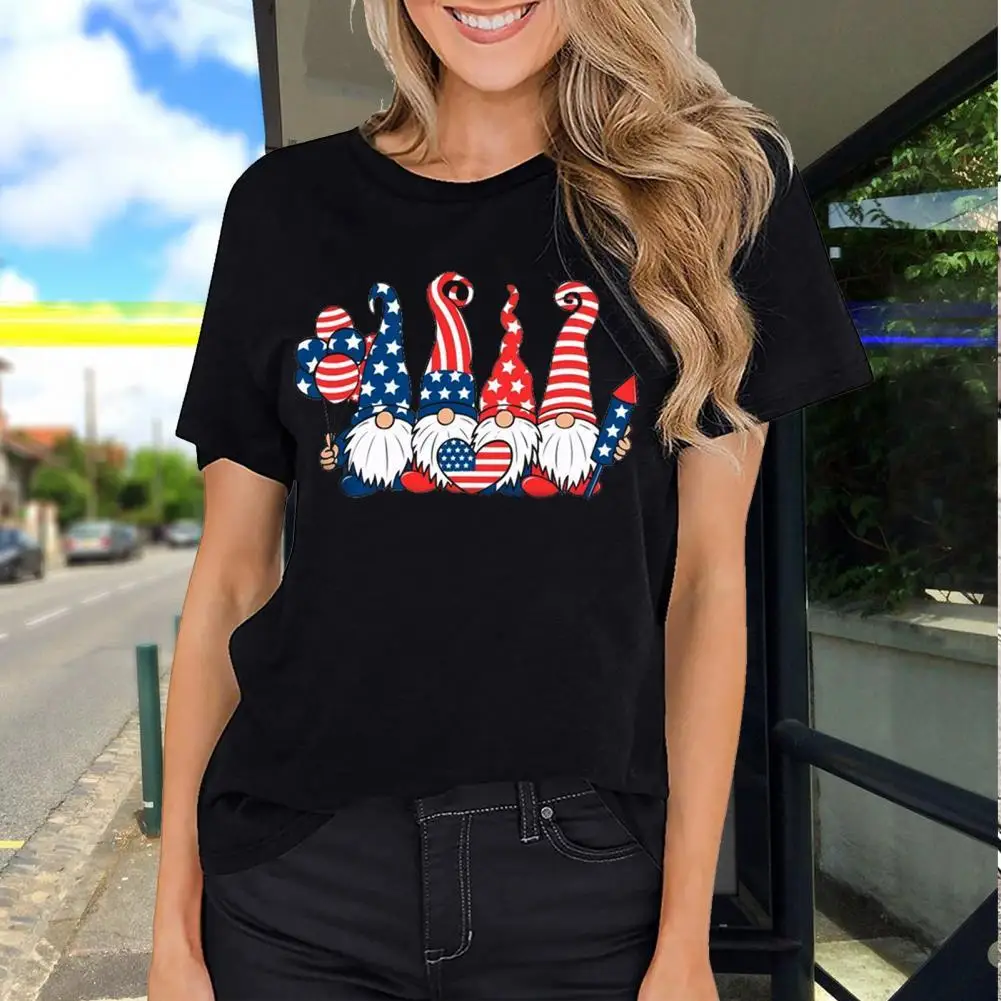 

Pullover T-shirt Chic Washable Wearable USA Flag Elements Women Tee Top for Outdoor Women T-shirt Women Pullover T-shirt