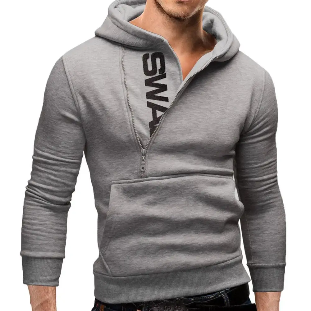 

Sports Men Plus Size Slant Zipper Letter Hoodies Long Sleeve Hooded Sweatshirt Slim Warm Outdoor Windproof Streetwear Xmas Gift