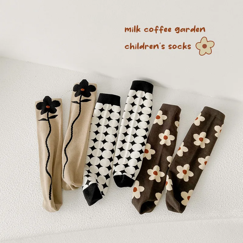 2022 Autumn New Kids Socks 3 Pairs/Lot Children's Cotton Socks Curled Flowers Medium Socks Solid Plaid Girls' Cute Long Socks