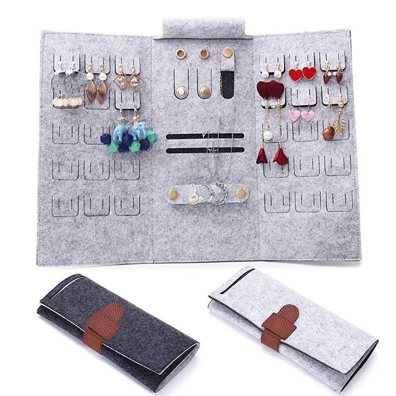 

Portable Roll-up Felt Jewelry Roll Storage Bag Folding Travel Earrings Necklaces Bracelets Rings Container Storage
