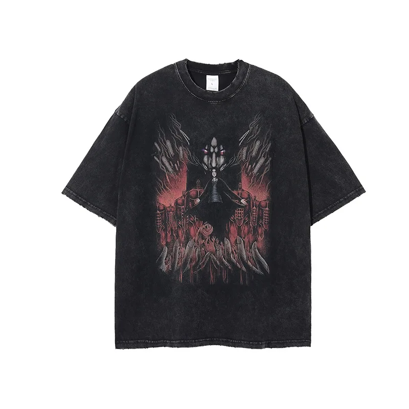 

2023 Grinded Hole Washed Old High Street Loose Short-sleeved T-shirt Anime Printed Fried Snowflake Retro T-shirt