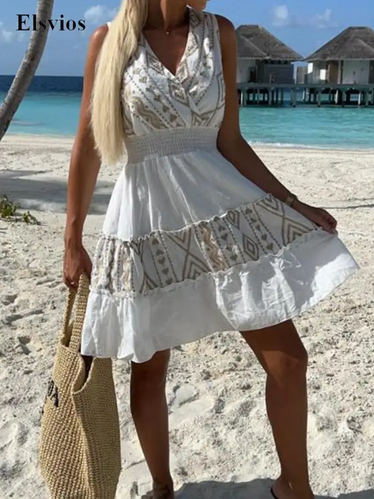 

Fashion Print Summer A-Line Loose Dress Sexy V Neck Sleeveless Beach Mini Dress Women Elegant Ruffle Tie-up Backless Party Dress