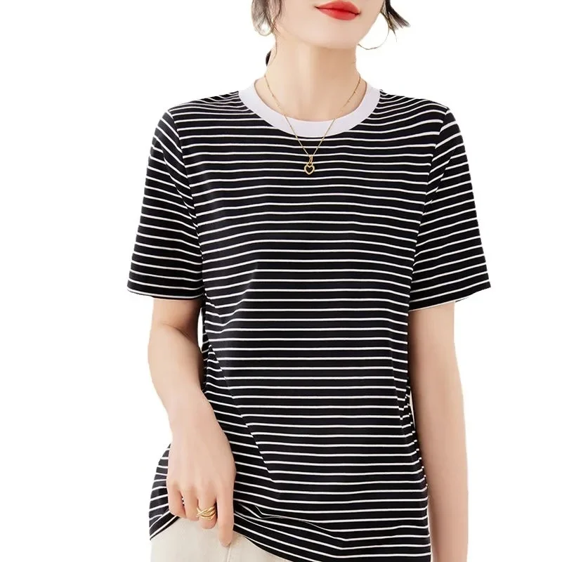Женская полосатая футболка классический летний новый стиль с v-образным вырезом