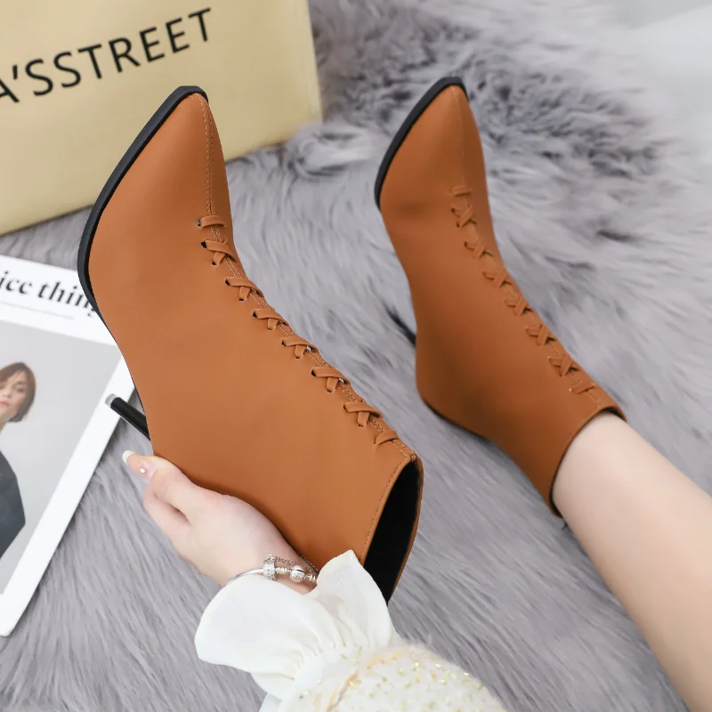 Women's Winter Fashion Pointed Toe Suede Ankle Fur Wrap Short Boots Lace Up Stiletto Ankle Boots Party Shoes 2023