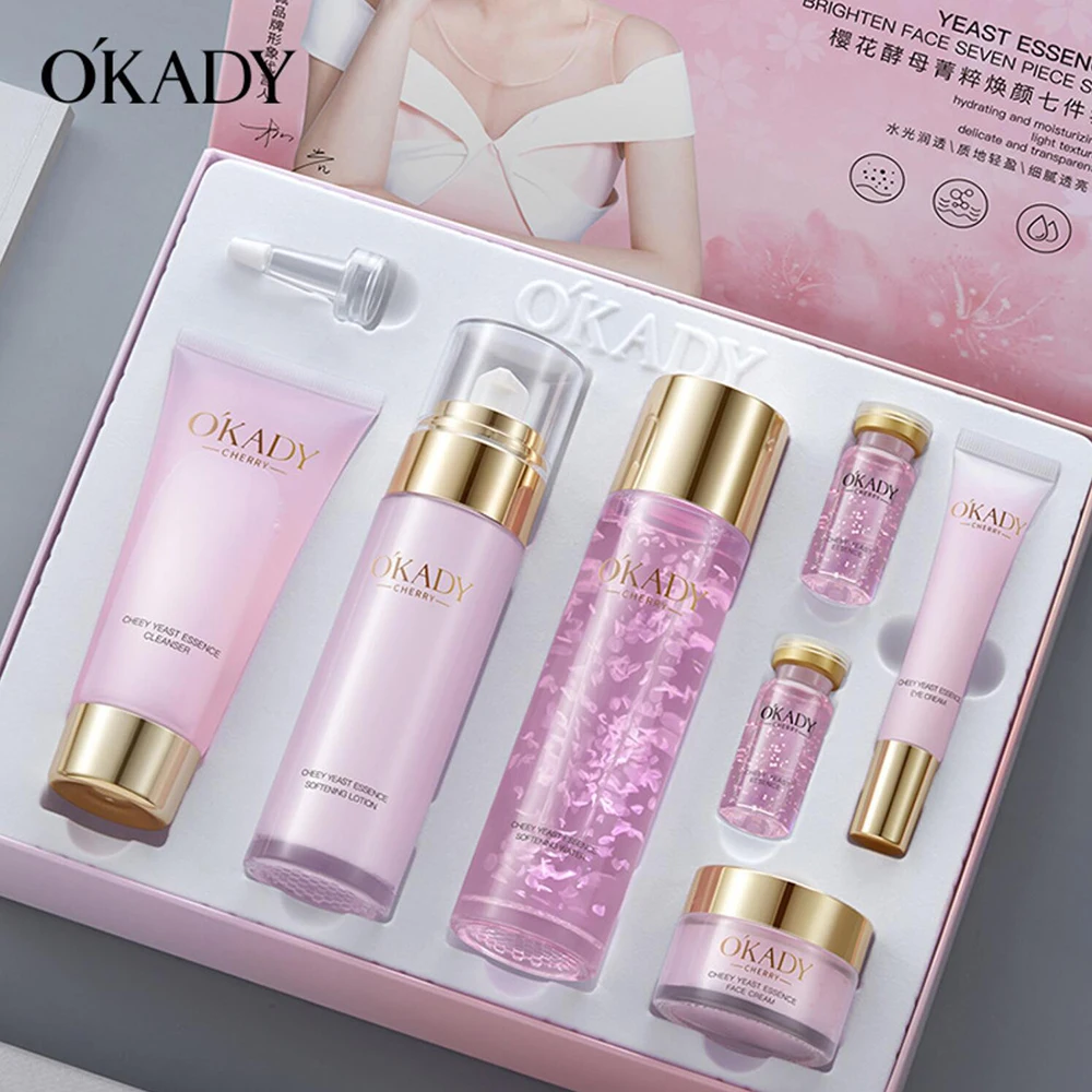 

OKADY Sakura Yeast Face Skin Care Products 7Pcs Women's Beauty Box Repair Facial Moisturizing Shrink Pores Cosmetics Sets 6PCS