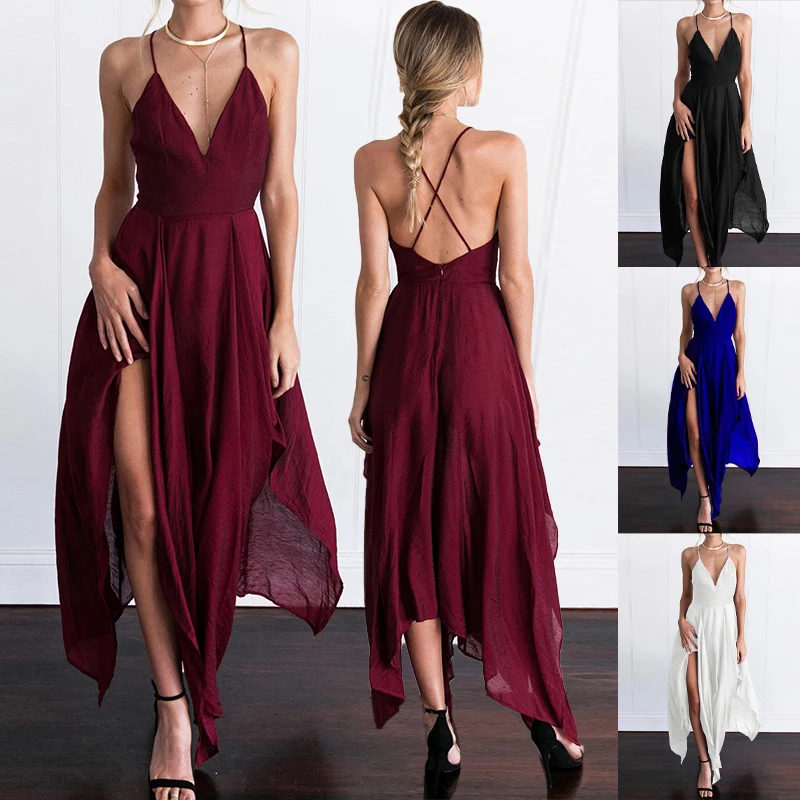 

Женское вечернее платье на бретельках, однотонное шифоновое асимметричное платье на бретельках с V-образным вырезом и открытой спиной, без ...