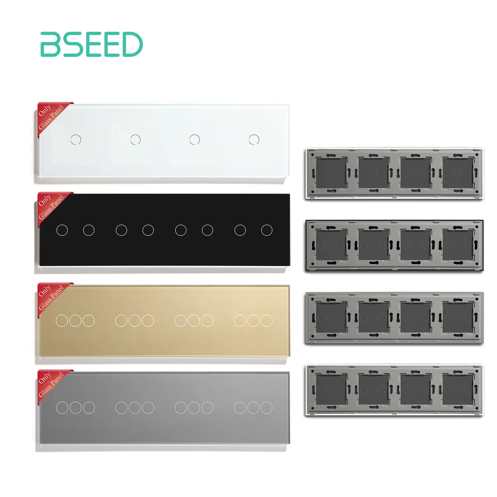 Стеклянная панель BSEED всего 299 мм, четырехместный 1/2/3 комплект, белый, черный, золотистый, серый, настенный переключатель, функциональная деталь «сделай сам» с металлическими рамами