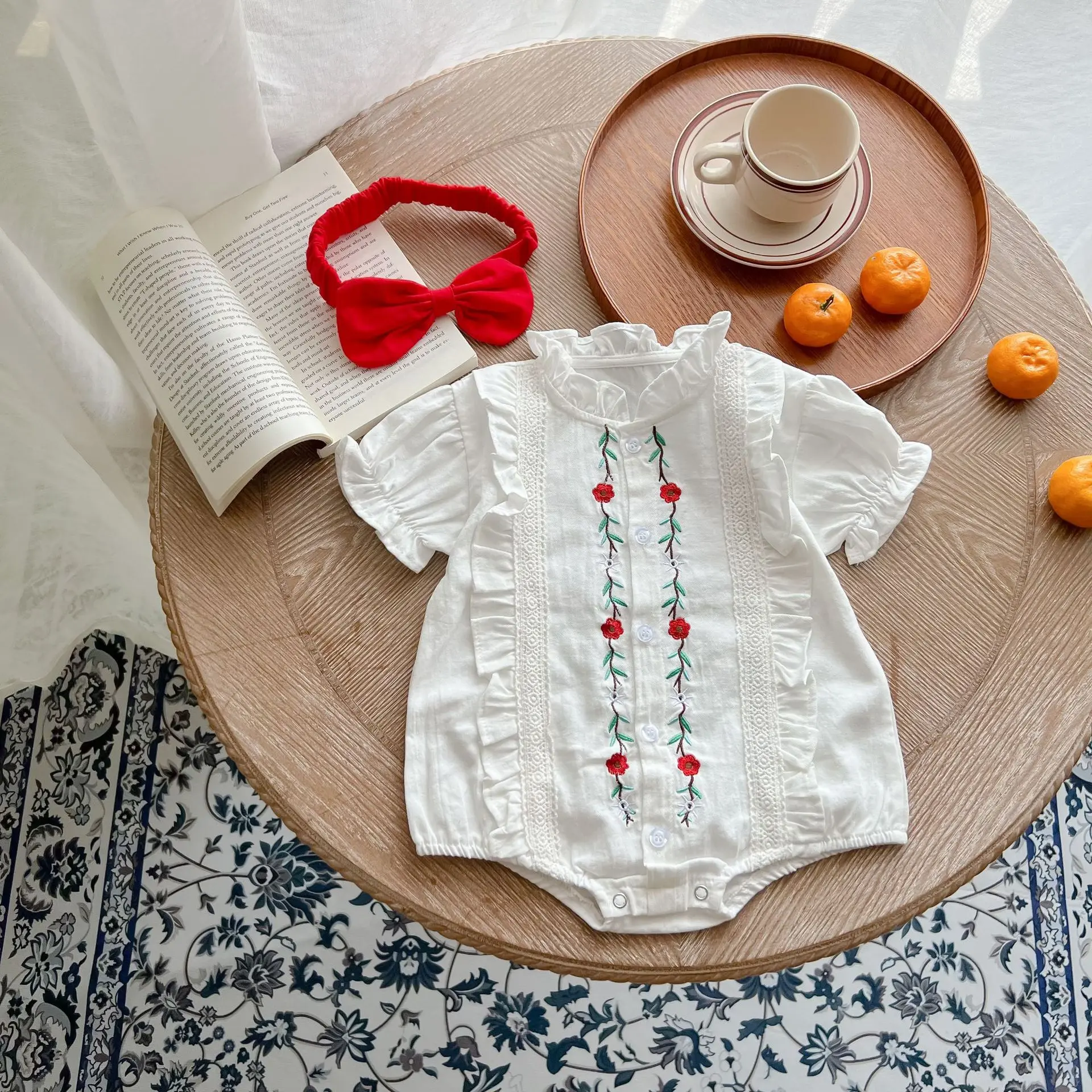 

Newborn Baby Girl Bodysuit Floral Embroidered Puff Sleeves Kid Girls Jumpsuit Cotton Elegant Princess Bodysuits Infant Outfits