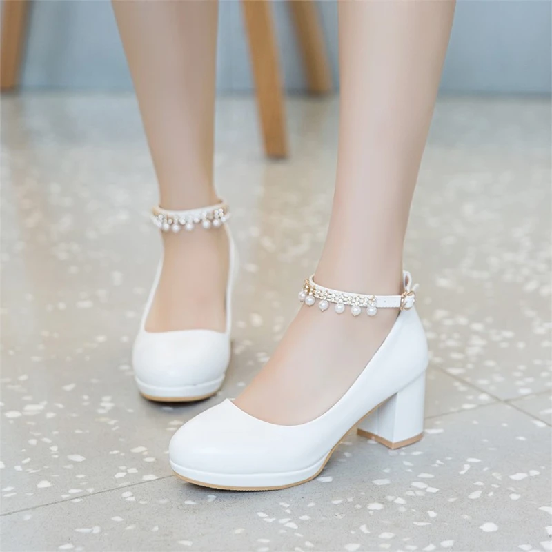 

Children's Shoes NEW 2022 Spring Sweet Pearl Girls High Heels Large Size Round Toe Waterproof Platform 02C