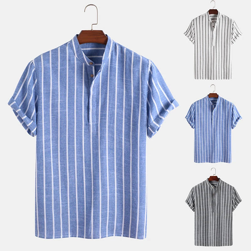 

Free Shipping Summer Men Pullover Stripe Tees Casual Loose Short Sleeve Tops Cool Blouse Grey Shirt Cotton Blend Men's Clothing