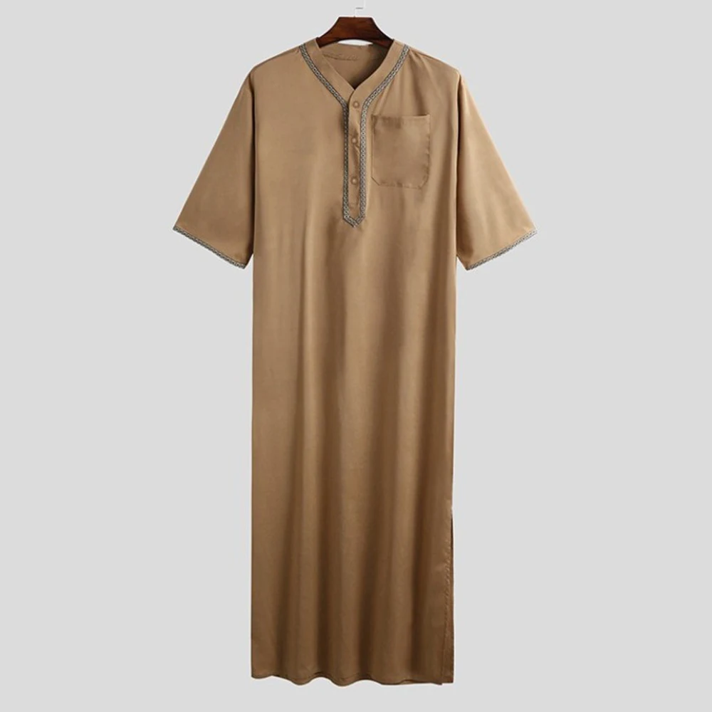 Islamic Arabic Kaftan Men Half Sleeve Solid Color V Neck Muslim Clothes Loose Casual Middle East Dubai Jubba Thobe Plus Size 5XL