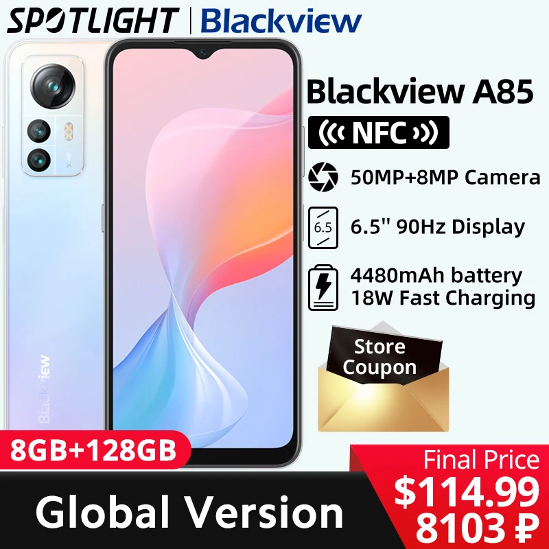 【World Premiere】Blackview A85 Global Version 8GB 128GB 6.5'' HD+ 90Hz Display 50MP Camera 4480 mAh Battery NFC Smartphone