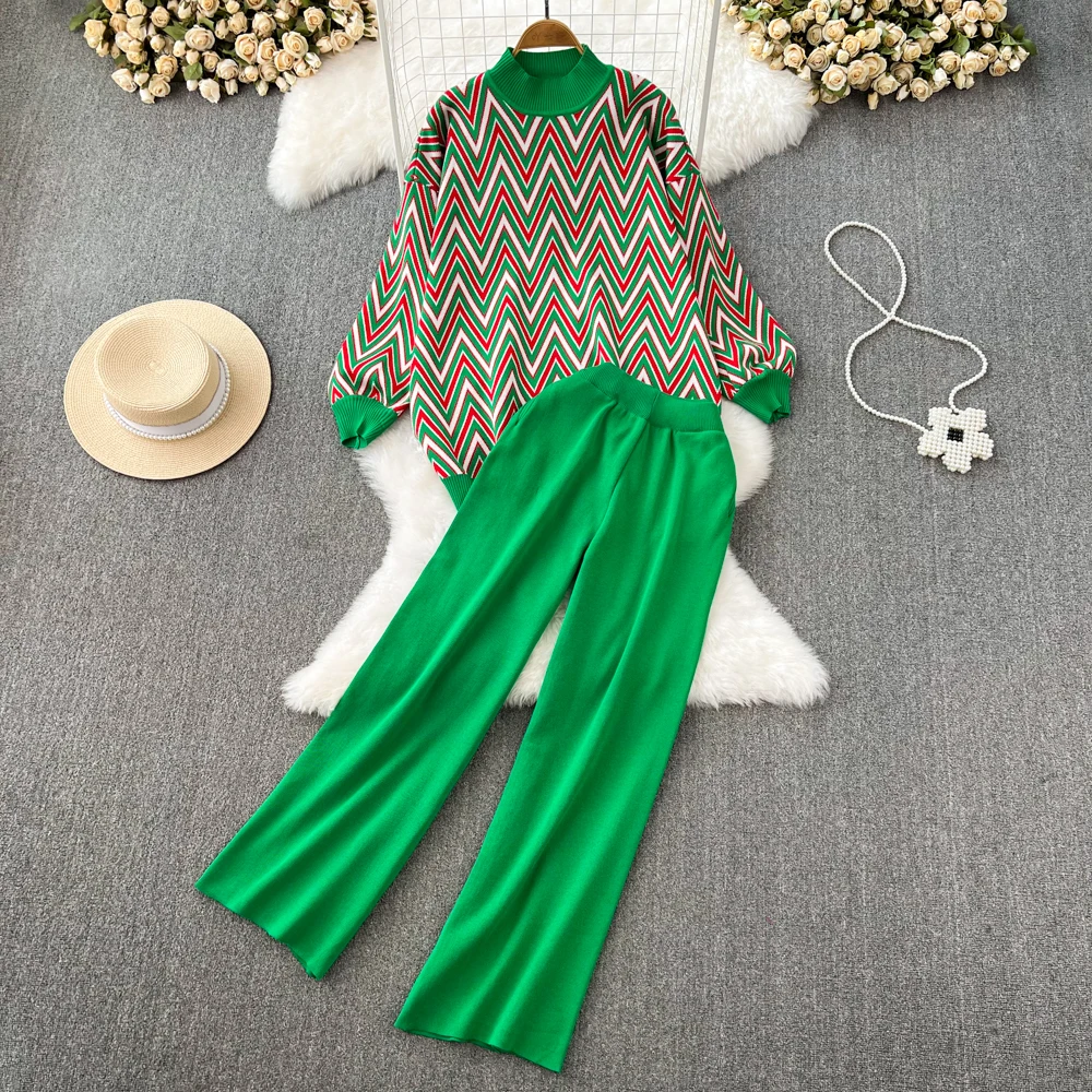 

Модный костюм в стиле ретро, Свободный вязаный свитер с воротником-стойкой + Прямые подвесные широкие брюки-трубы с высокой талией, комплект из 2 предметов