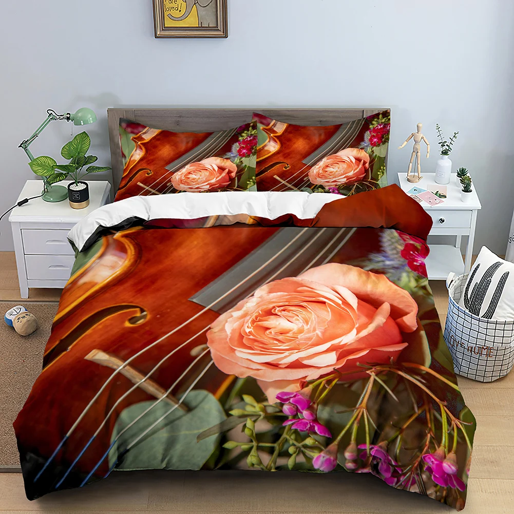 

Music Bedding Set Rose Violin Printed Duvet Cover Set Twin King Queen Comforter Covers Quilt Cover Home Textile With Pillowcase