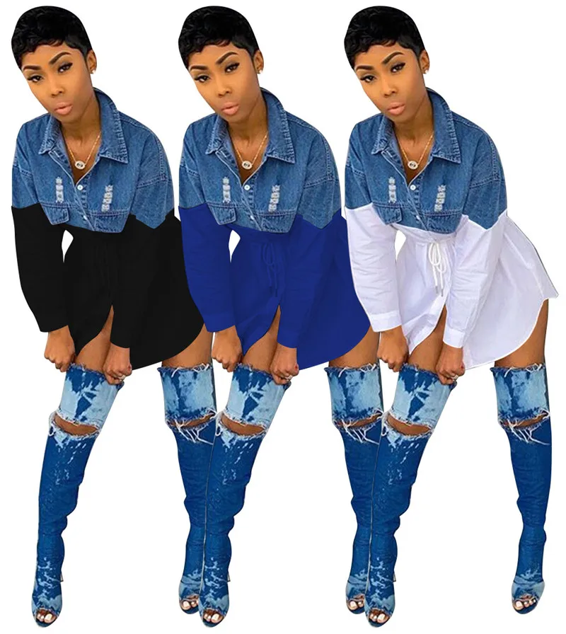 Женская джинсовая рубашка с длинным рукавом отложным воротником дырками