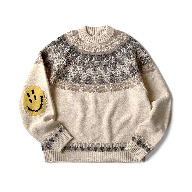 KAPITAL Hirata Hohiro Wool Blended Japan Style Retro Warm Thickened Smiling Face Knitted Pullover Sweater for Men and Women