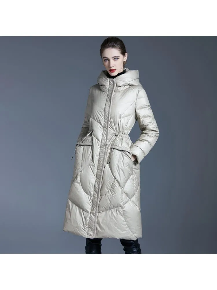 European 2022 Winter Long Thicked Hooded Black Loose High End 90 White Duck Down Coats Women Warmer Jackets
