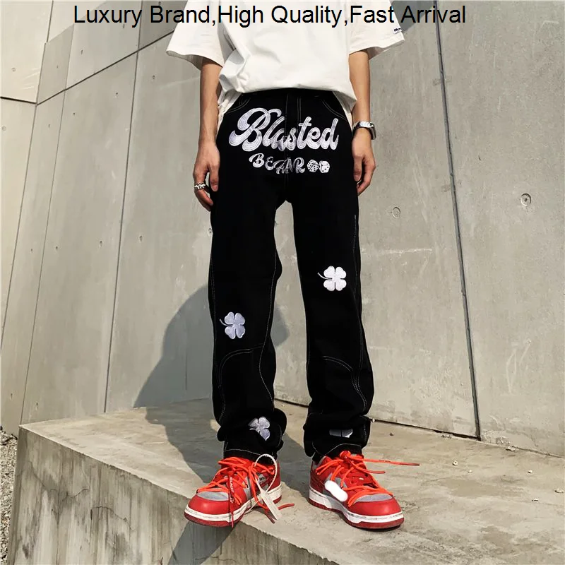 

Y2K 's Clothes New Fashion Letter Embroidery Baggy Jeans Straight Casual Black Denim Trousers Pants For Men Streetwear