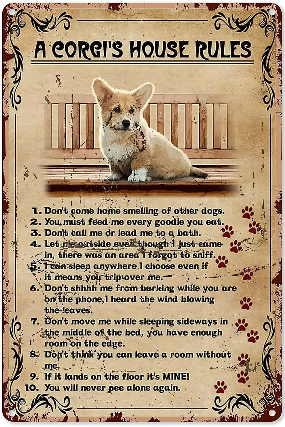 WZVZGZ Забавная металлическая жестяная вывеска Настенный декор Корги A Правила дома