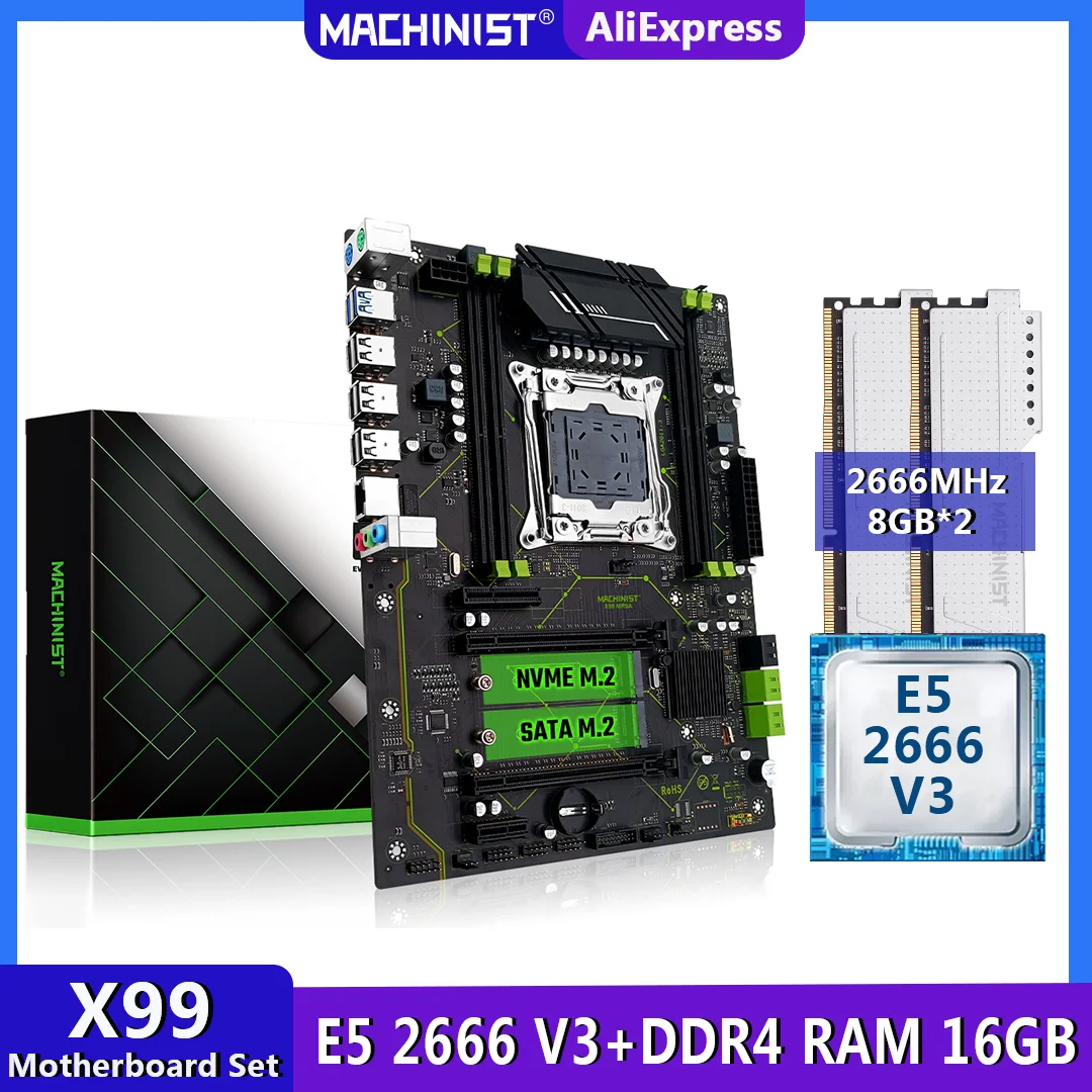 MACHINIST X99 комплект материнской платы LGA 2011-3 с процессором Xeon E5 2666 V3 16 ГБ = 2*8 ГБ DDR4 2666 МГц ОЗУ четырехканальный SATA NVME M.2 MR9A