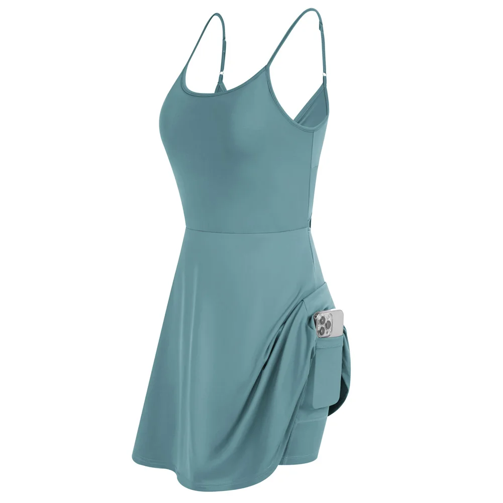 

JS Women Spaghetti Straps Sports Dress With Attached Shorts Hollow Knotted Back Dress Breathable Sweat Absorption Dresses