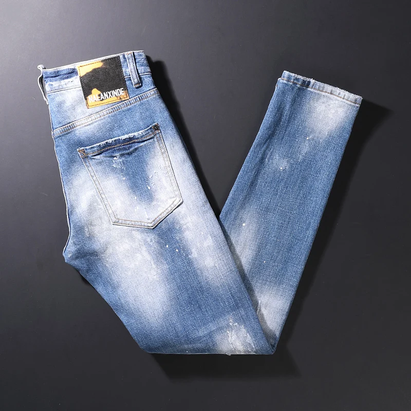 

Модные мужские джинсы в уличном стиле ретро светло-голубые зауженные рваные джинсы мужские винтажные Дизайнерские повседневные Простые дж...