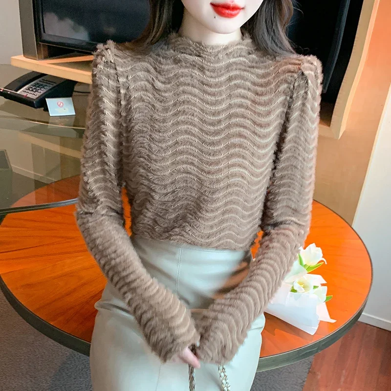 Новая осенняя женская блузка с воротником-стойкой кружевная длинным рукавом