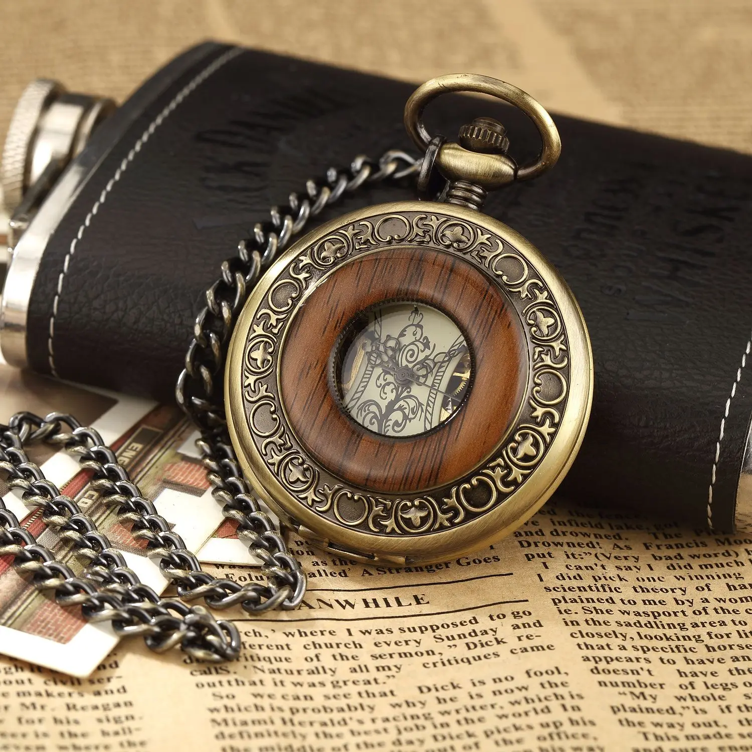 Новые винтажные деревянные круглые бронзовые часы-скелетоны из сплава в стиле стимпанк Механические карманные часы ручной работы с подвес...