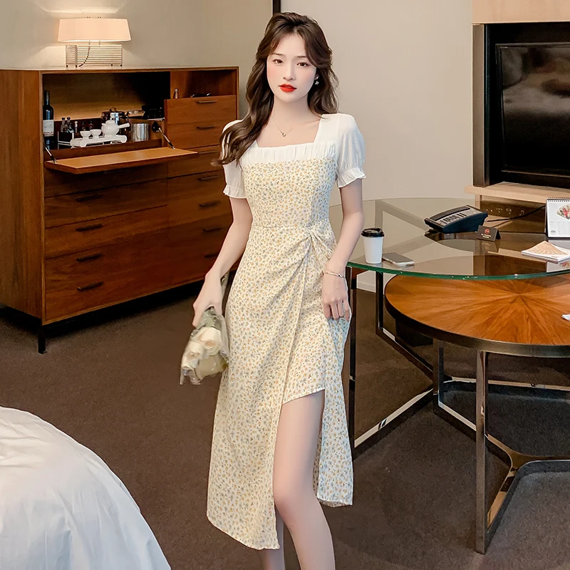 

COIGARSAM Summer Dress Women 2022 New Chic French Style Floral Print Cream Small Dresses Dropshipping