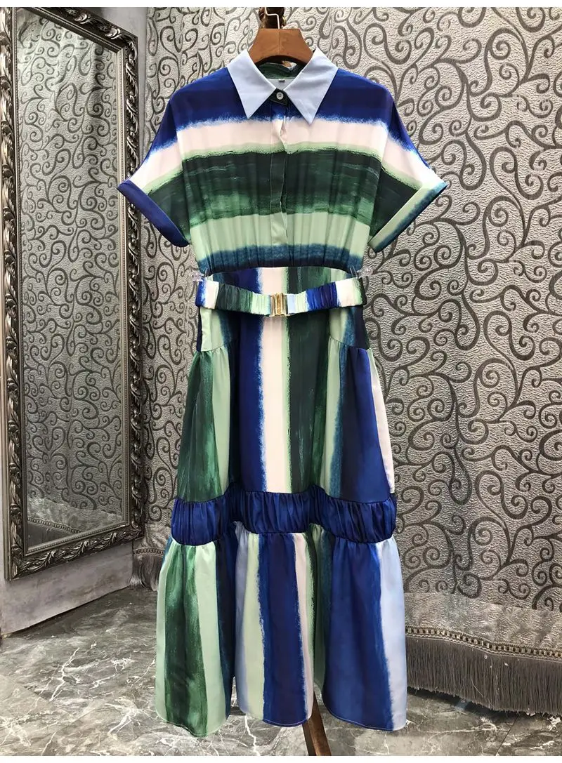 High Quality New 2023 Spring Summer Dress Women Turn-down Collar Gradient Color Prints Belt Deco Short Sleeve Mid-Calf Dress